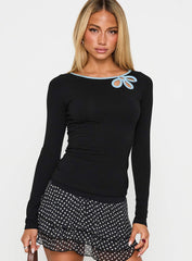 Double Back Floral Cut Out Long Sleeve Top Black