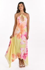 Elowen Yellow Hibiscus Floral Halter Maxi Dress