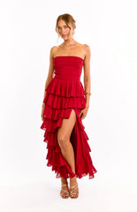 Kim Red Strapless Ruffle Maxi Dress