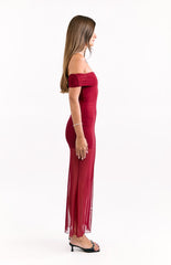 Tabitha Wine Off Shoulder Mesh Maxi Dress