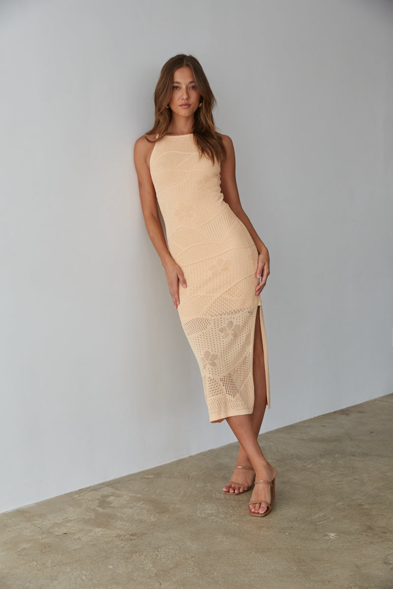 Keilani High Neck Open Knit Midi Dress